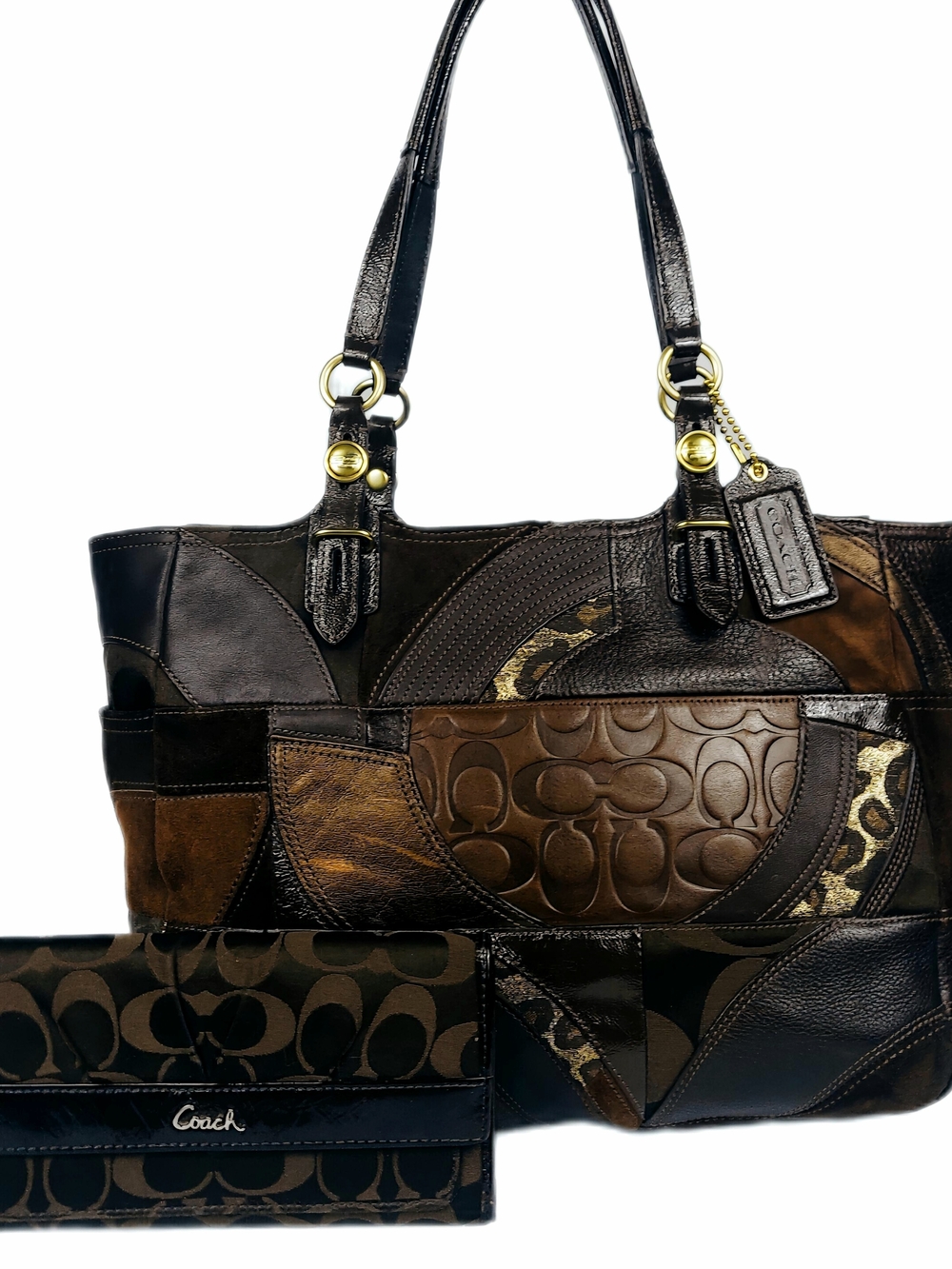 COACH 2 Pc SET/Leather&Canvas Patchwork Tote and Wallet in Shades of Brown